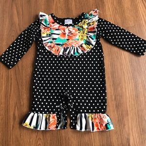 Boutique black polka dot floral romper 0-6 month
